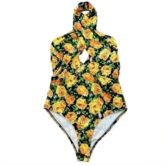 ZARA Cross Front Halter Bodysuit Yellow Roses Floral Print Size M NWT - Picture 7 of 11